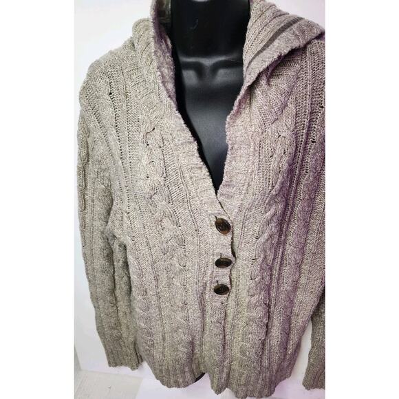 Vintage Y2K American Eagle Xl Chunky Cable Knit Hooded Sweater Driftwood Maple - Picture 15 of 16